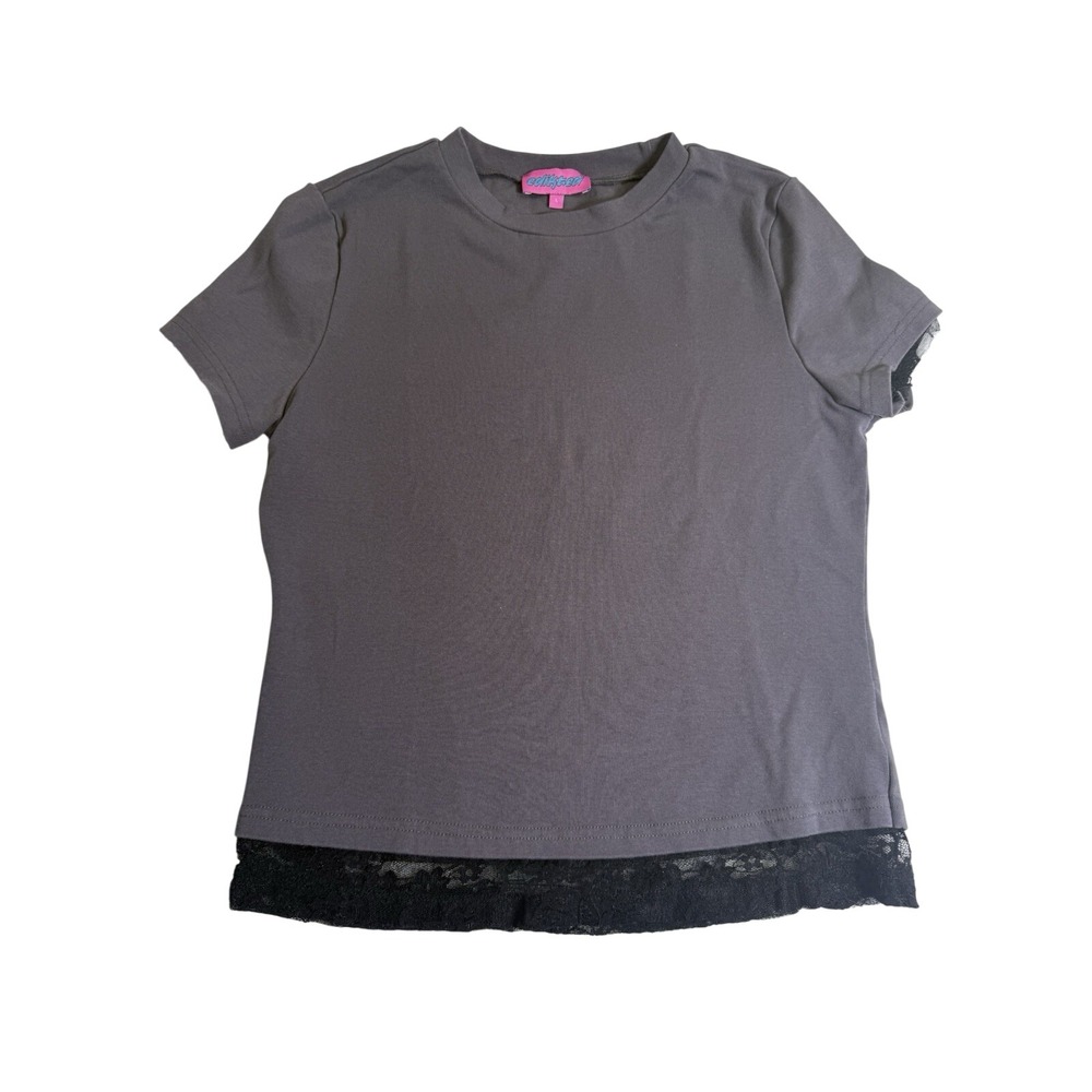 Edikted Lace Trim Baby Tee‎ Women L Grey Excellent Short Sleeve Crew Neck Top